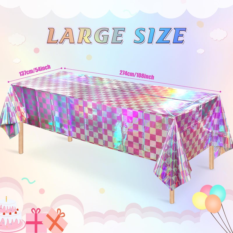FunnyPars 3 Pack Pink and Iridescent Checkered Plastic Tablecloth  Shiny Disposable Laser Rectangle Table Covers  Holographic Foil Tablecloth Iridescent Party Decorations for Picnic Camping Outdoor  54x108Inch - Image 2